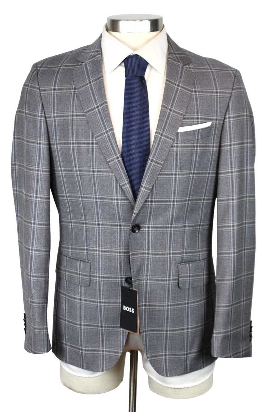 Hugo Boss Hutson Sport Coat 38 R Mens Slim Fit Grey Blue Plaid Tesse Wool Blazer